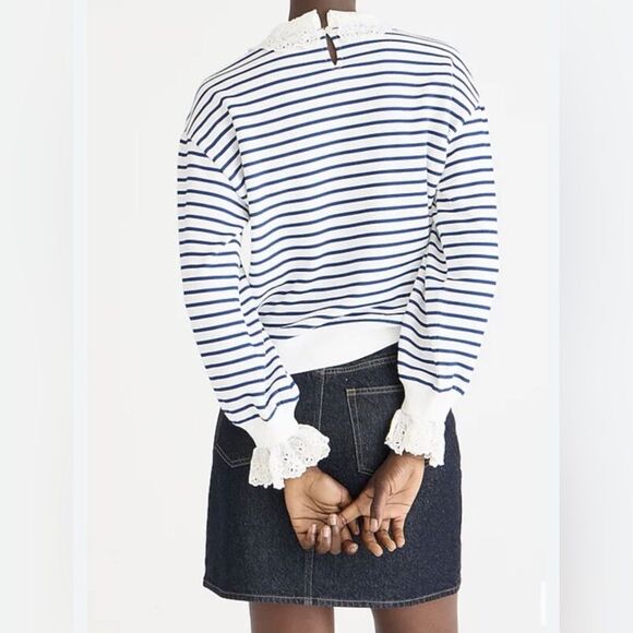 J. Crew French terry sweatshirt with lace trim Nautical Blue White Size Large - Picture 2 of 7